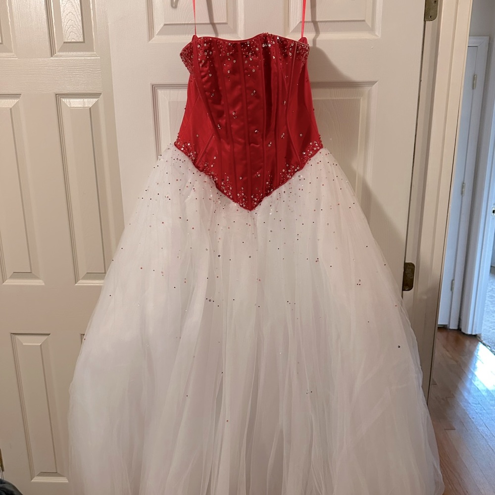 Red beaded white tulle prom dress